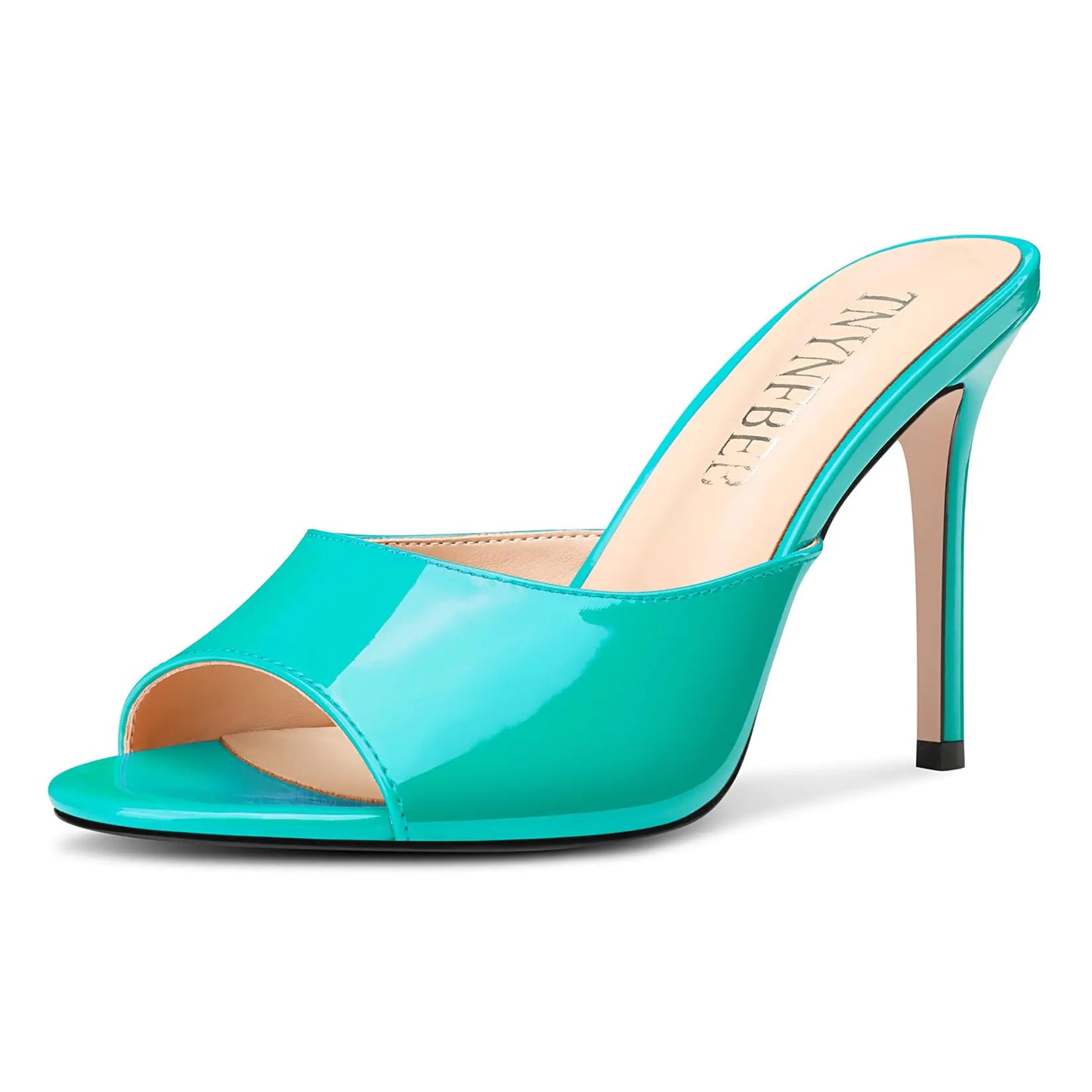 Cyan Patent Peep Toe Slingback Mules