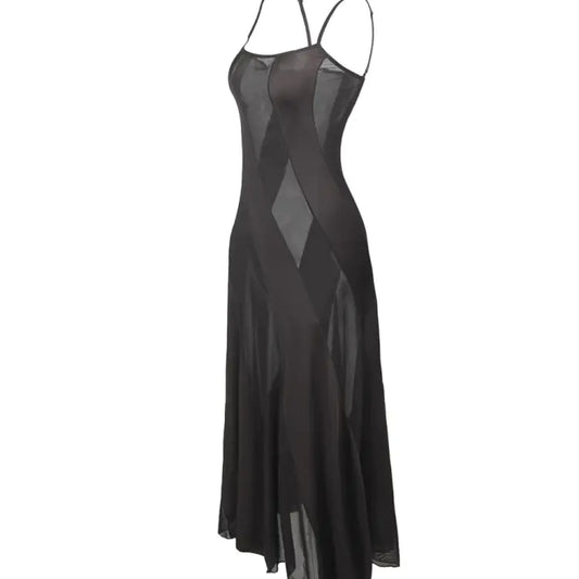 Black Sling Mesh Two-Piece Long Dress