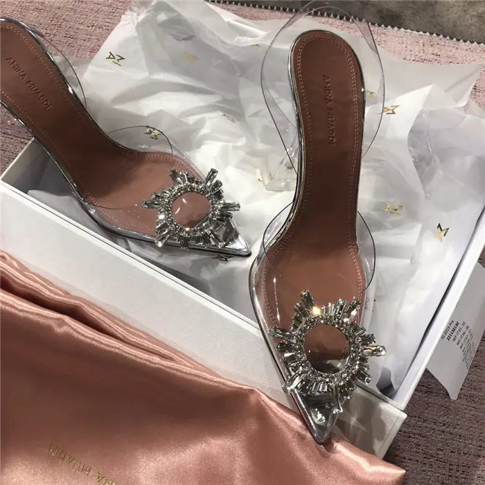 Crystal Flower PVC Pointed-Heel Sandals