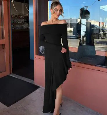 Off Shoulder Ruffle Hem Midi Dress