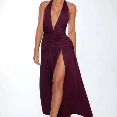 V-Neck Halter Pleated Slit Party Dress