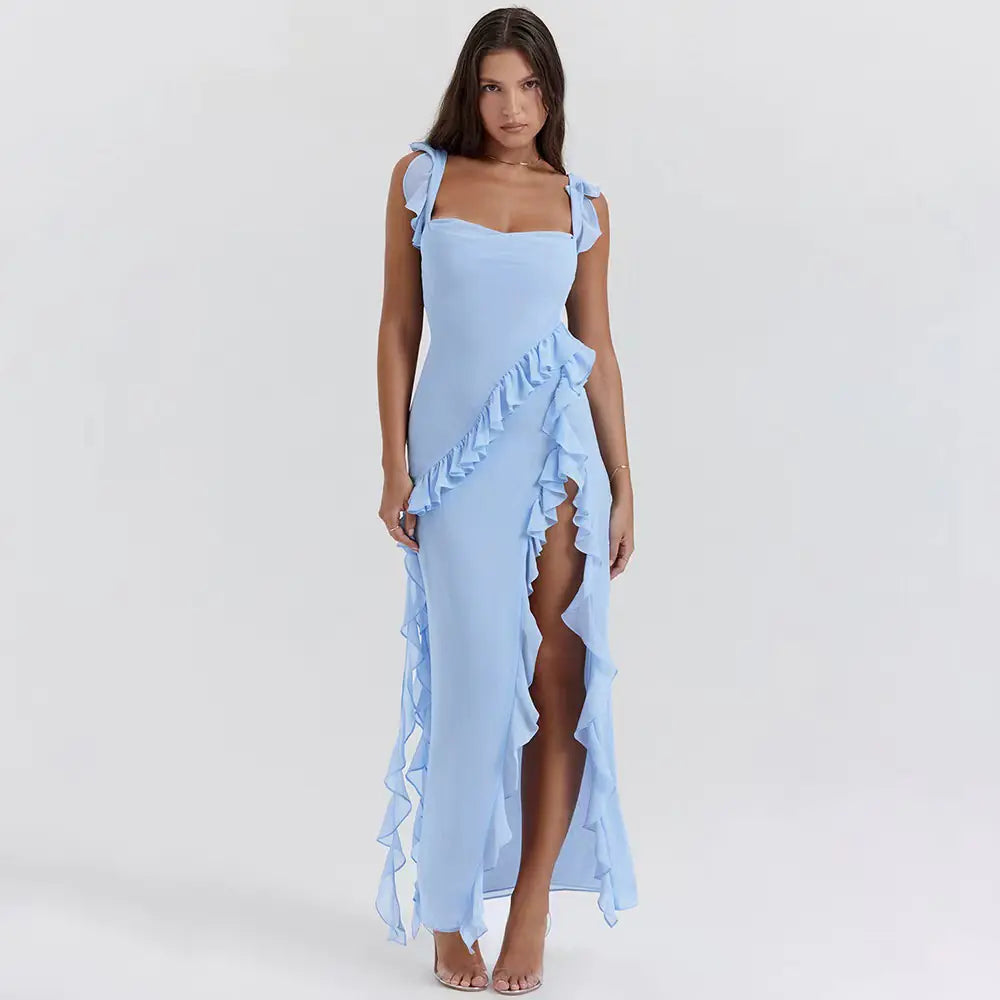 Ruffled Edge Midi Dress with Slit