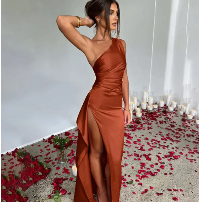 Sleek Satin One Shoulder Slit Dress