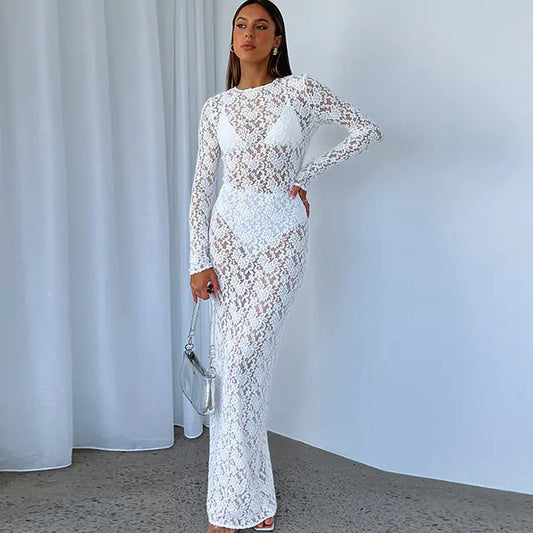 Chic Hollow Lace Sheer Long Dress