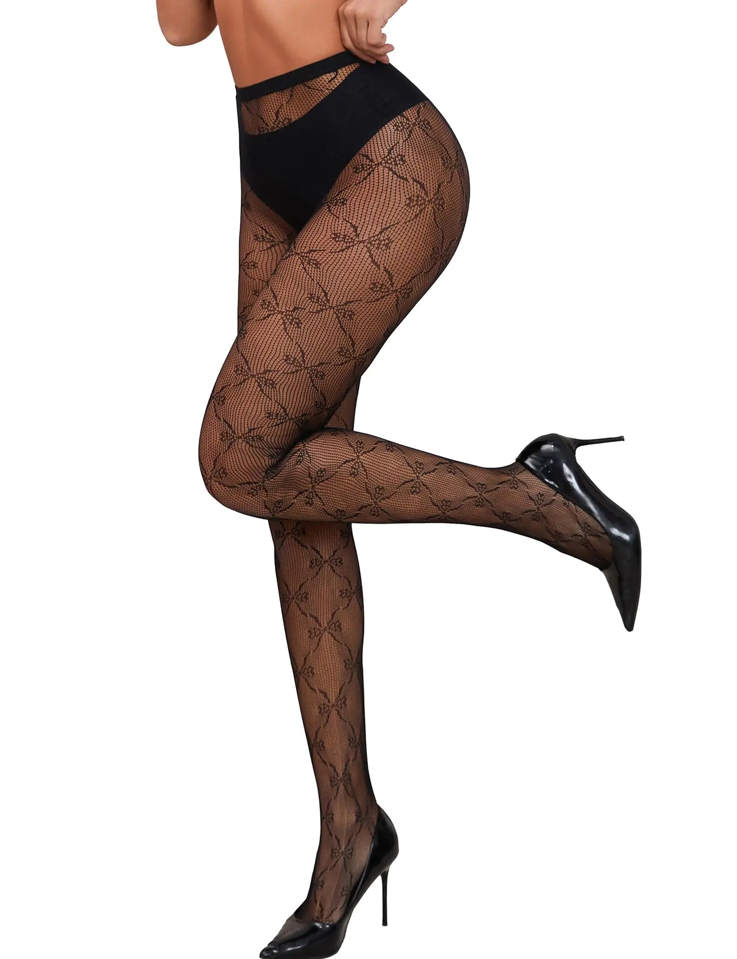 SwiiDuu Sexy Tights for Women High Waist Fishnet Stockings Lace Leggings Floral Lace Pantyhose-Black