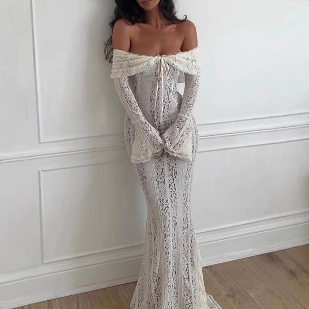 Women's Lace Lace-Up Long Sleeve High Waist Dress