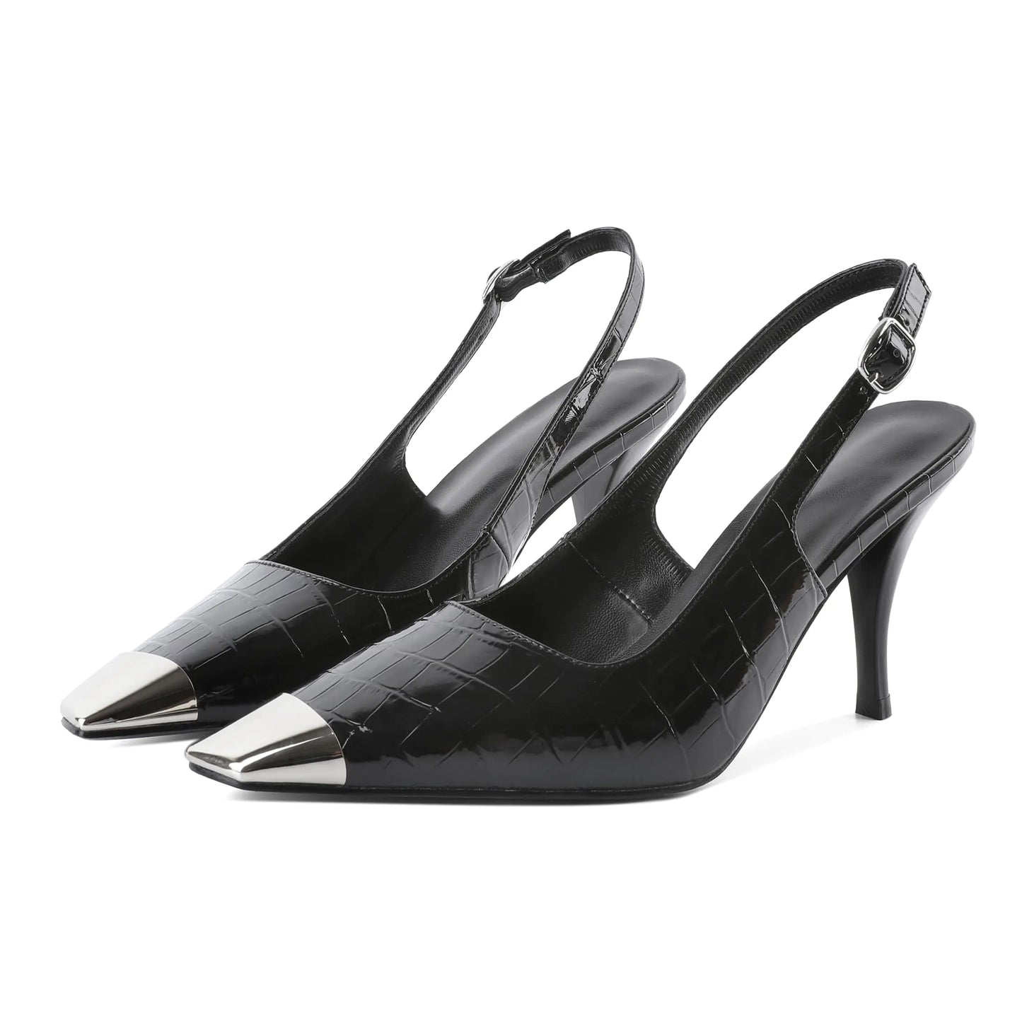 Silver and Black Cap Toe Slingback Heels