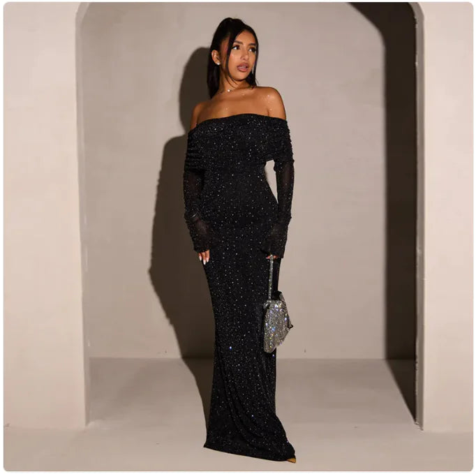Sequined Off Shoulder Maxi Dress