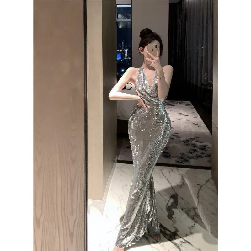 Elegant Glitter Silver Evening Party Dress