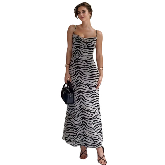 Cowl-Neck Tulle Backless Zebra Print Dress