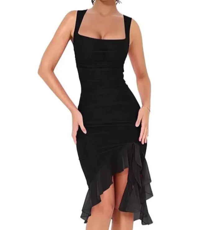 Black U-Neck Mesh Splice Slim Dress