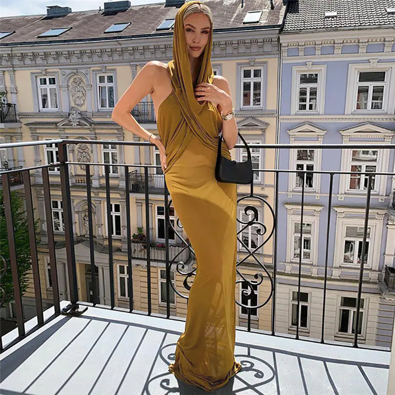 Hooded Backless High-Waist Maxi Dress