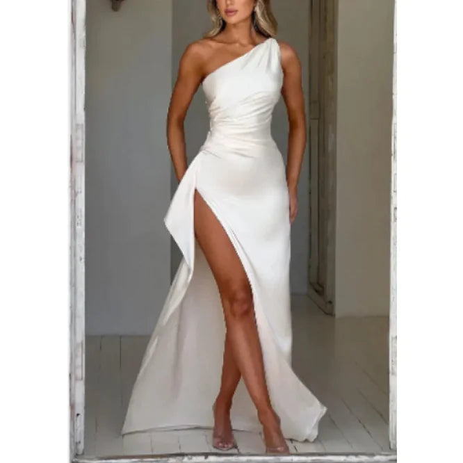 Sleek Satin One Shoulder Slit Dress