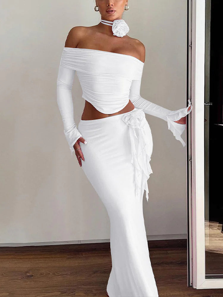 Slim Fit Long Sleeve Top and Skirt Set