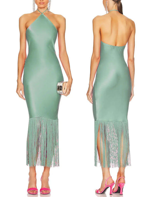 Halter Neck Fringe Hem Midi Dress