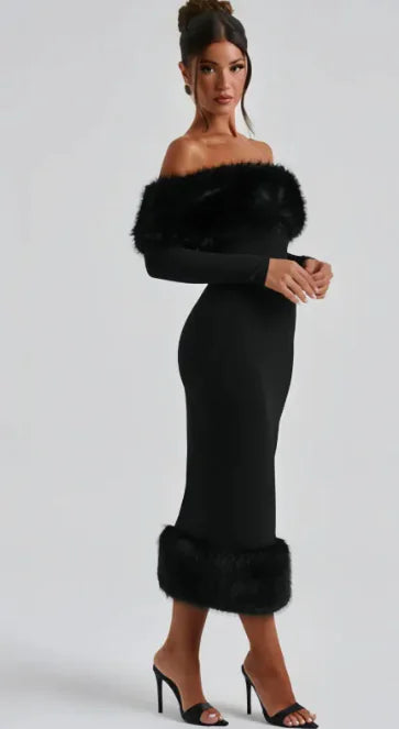 Fur Collar Slim Fit Dress