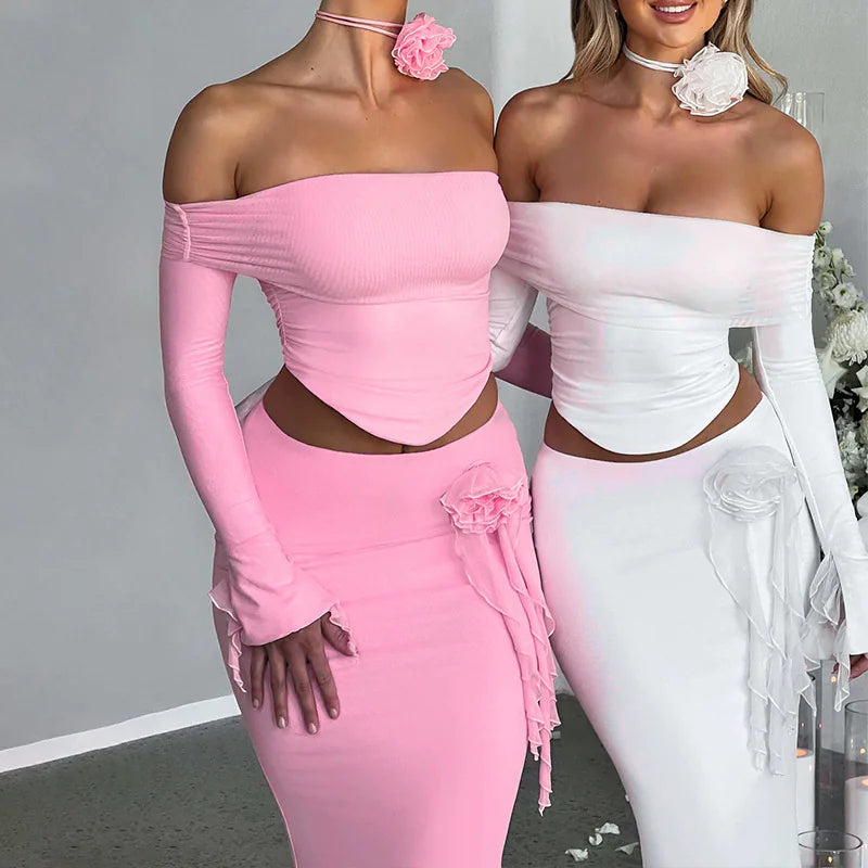 Slim Fit Long Sleeve Top and Skirt Set