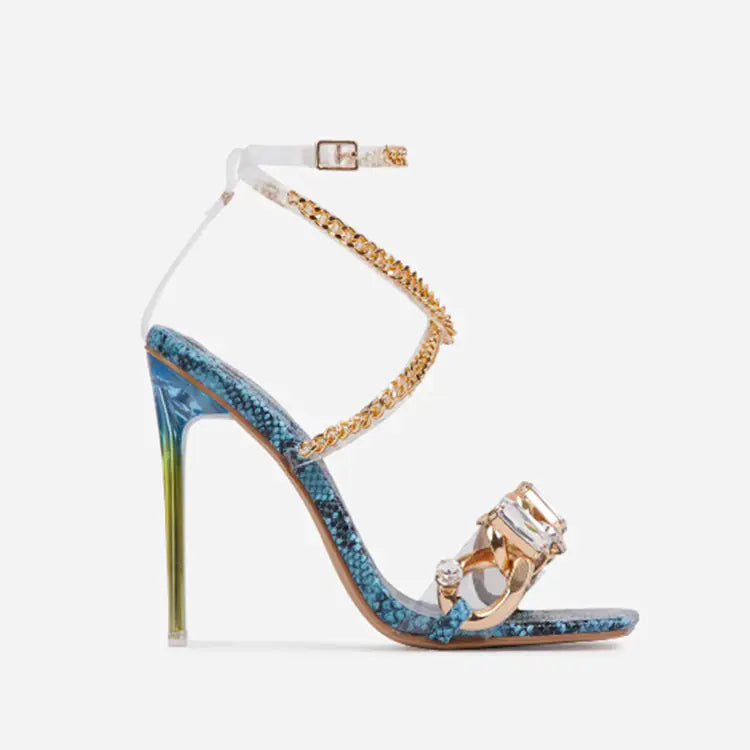 Square-Toe Rhinestone Strap Heels