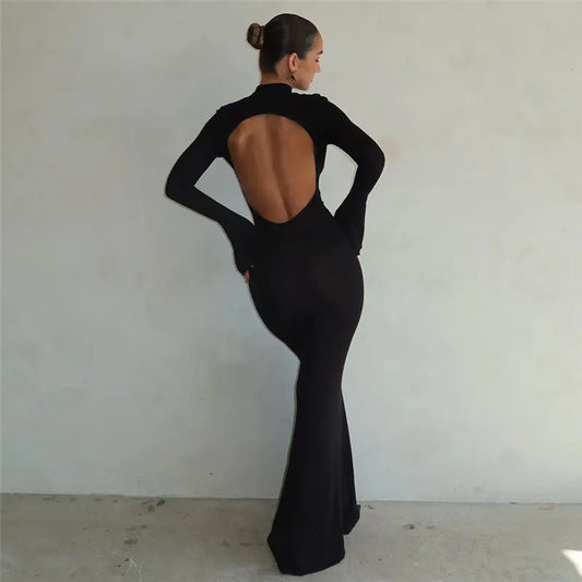 Backless Slim Fit Long-Sleeve Evening Dress