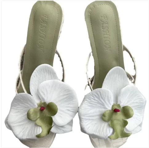 Floral Pattern High-Heel Slide Sandals