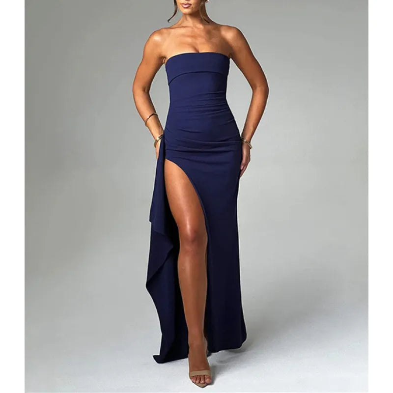 Backless High Slit Line-Up Collar Dress
