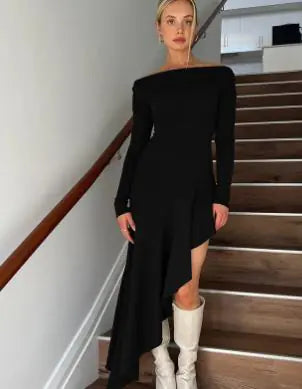 Off Shoulder Ruffle Hem Midi Dress