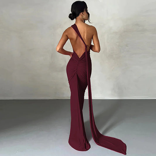 Slant Shoulder Backless Maxi Evening Dress