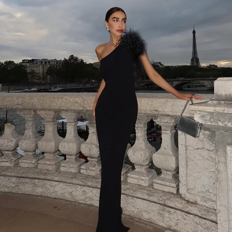 Black Off Shoulder Fur Maxi Dress