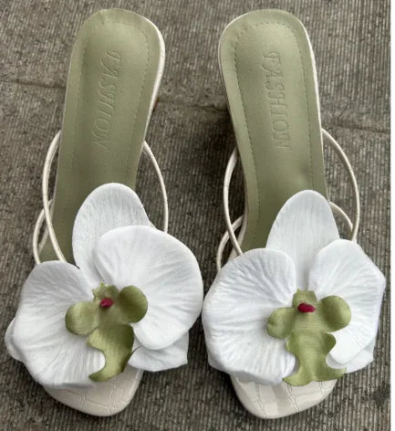 Floral Pattern High-Heel Slide Sandals