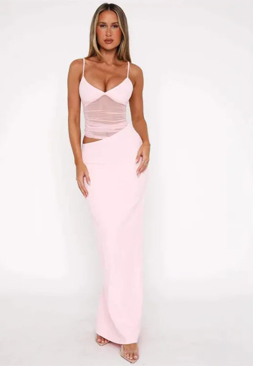 Mesh Patchwork Sling Maxi Dress with Slit