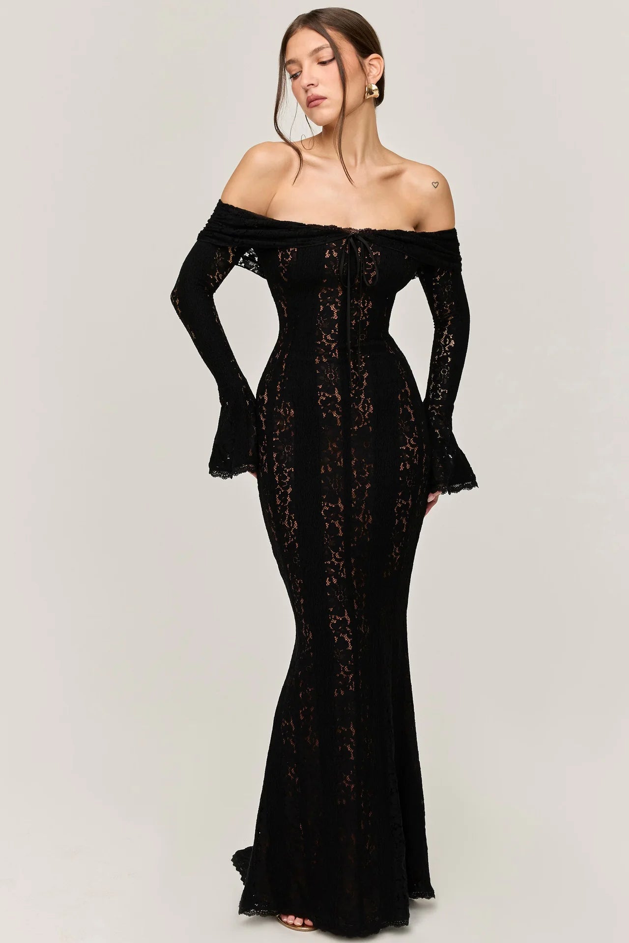 Women's Lace Lace-Up Long Sleeve High Waist Dress