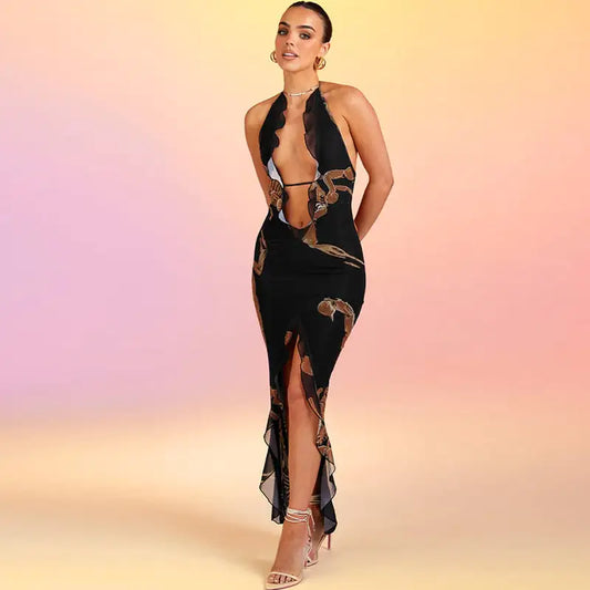 Printed Halter Strap Fishtail Maxi Dress