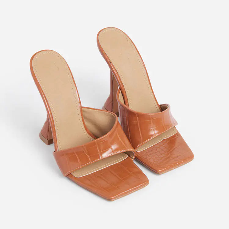 Square Toe Black PU Leather Heels
