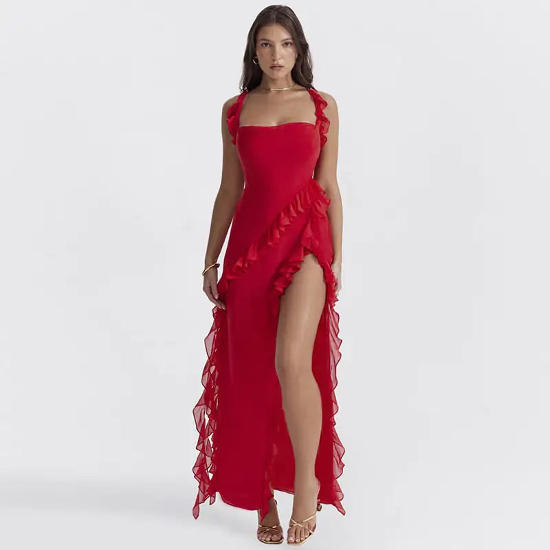 Straight-Neck Suspender Slip Dress