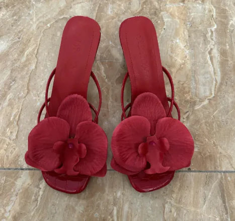 Floral Pattern High-Heel Slide Sandals