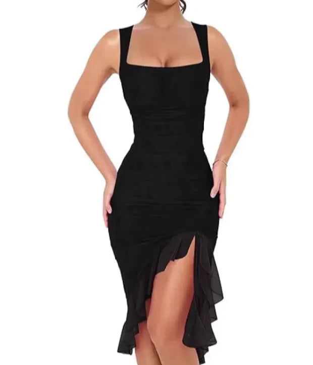 Black U-Neck Mesh Splice Slim Dress