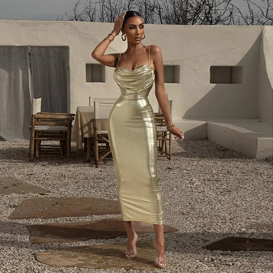 High Waist Sleeveless Gold Bodycon Dress
