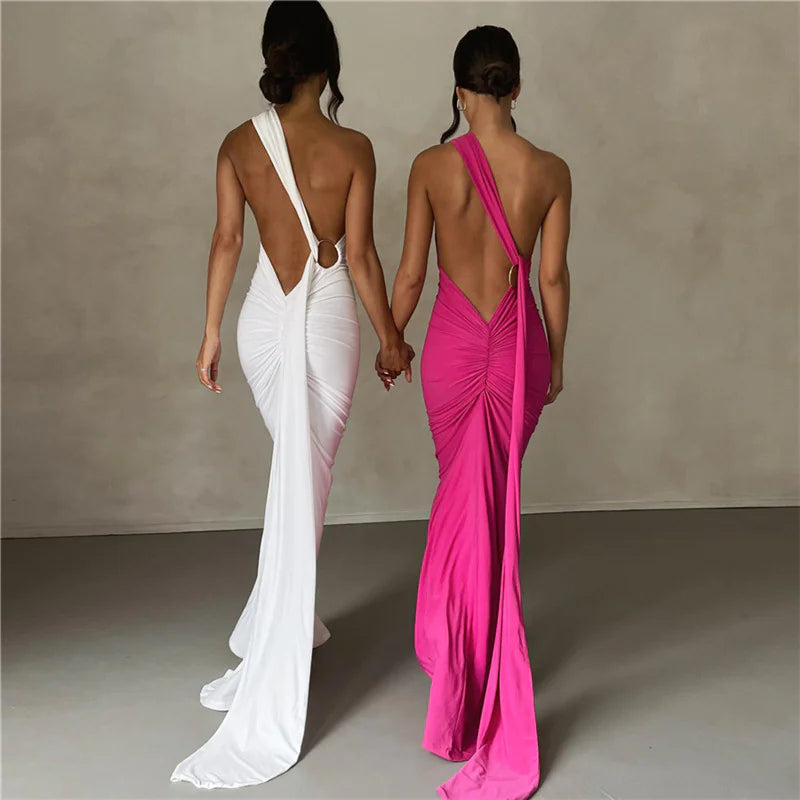 Slant Shoulder Backless Maxi Evening Dress