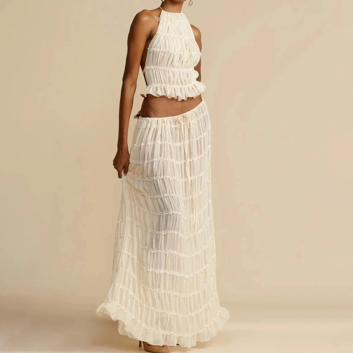 Chic Halter Crop Top and Pleated Maxi Skirt