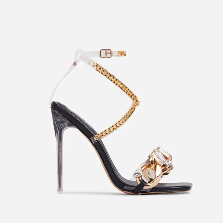 Square-Toe Rhinestone Strap Heels