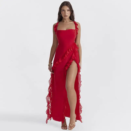 Straight-Neck Suspender Slip Dress