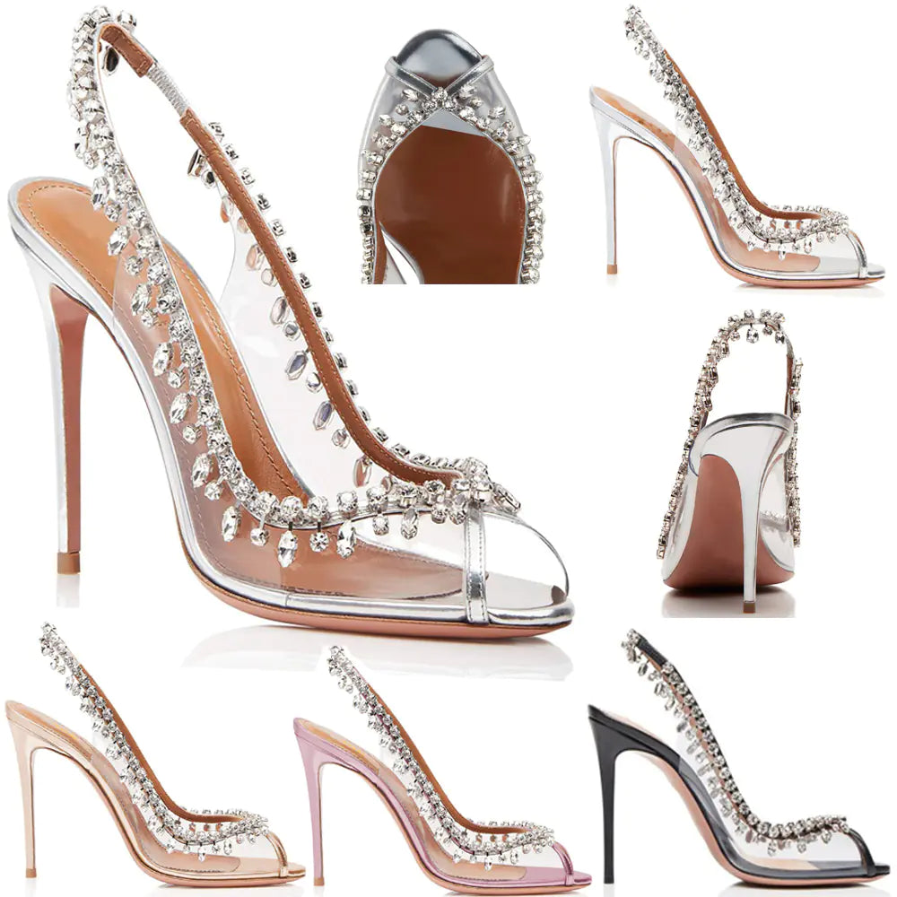 Silver Rhinestone Slim Stiletto Party Heels