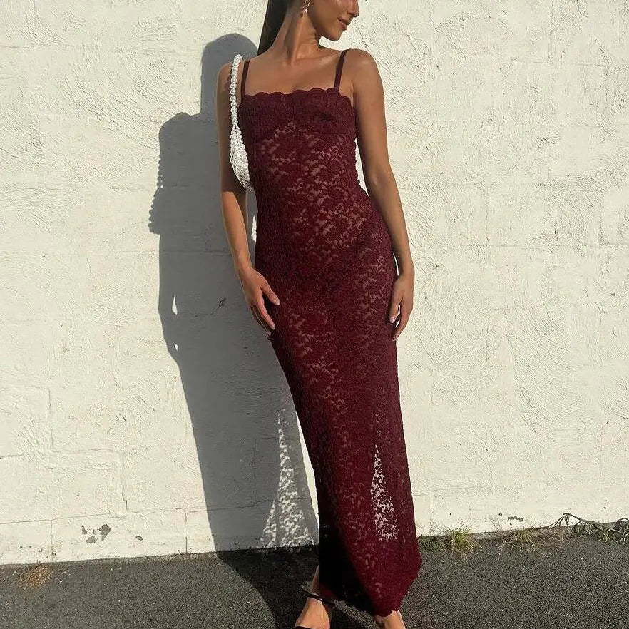 Elegant Floral Lace Bodycon Maxi Dress