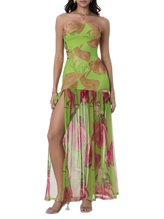 Sexy Patchwork Mesh Strapless High Slit Dress