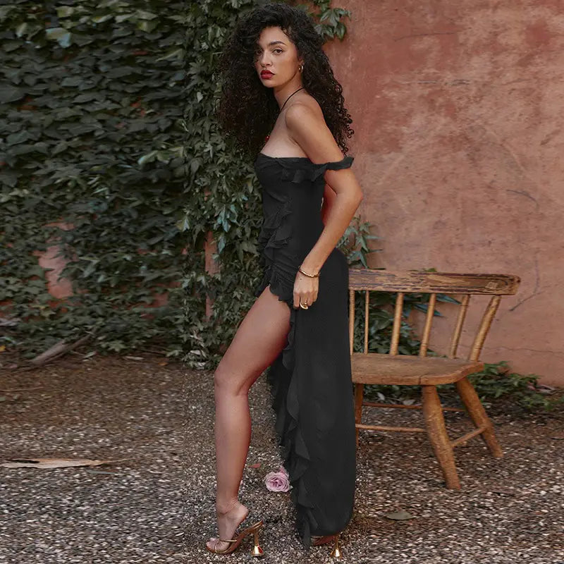 Ruffled Edge Midi Dress with Slit