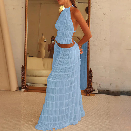 Chic Halter Crop Top and Pleated Maxi Skirt
