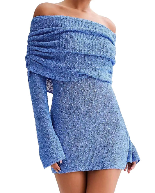 Blue Off Shoulder Crochet Mesh Mini Dress