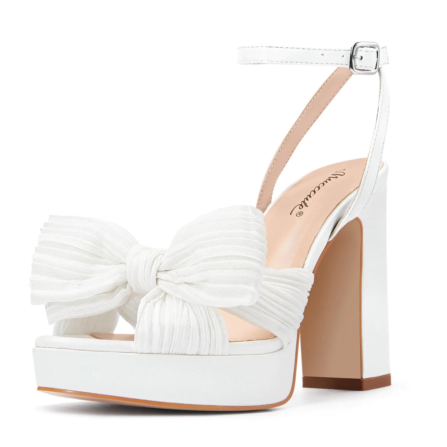 White Plissé Bow Platform Block Heels