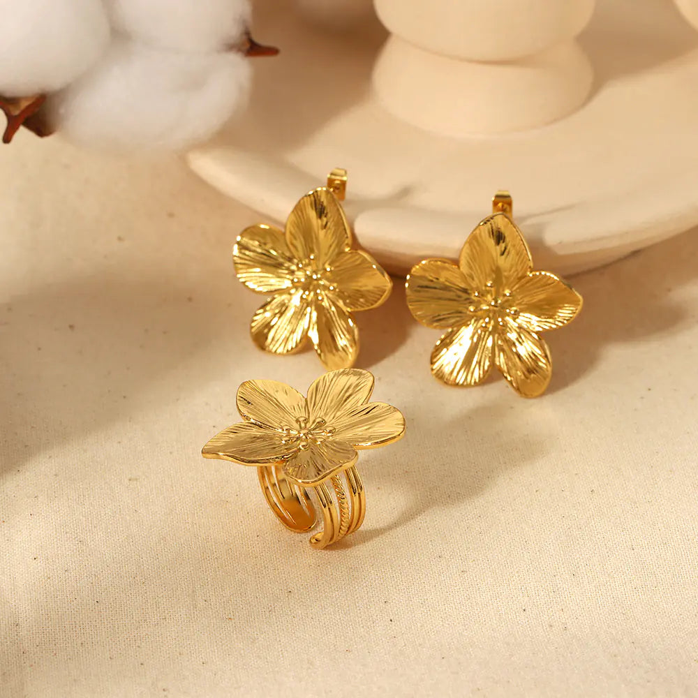 Vintage-Inspired Gold Stainless Steel Flower Earrings & Ring