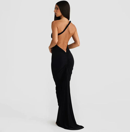 Backless Halter Pleated Sheath Maxi Dress